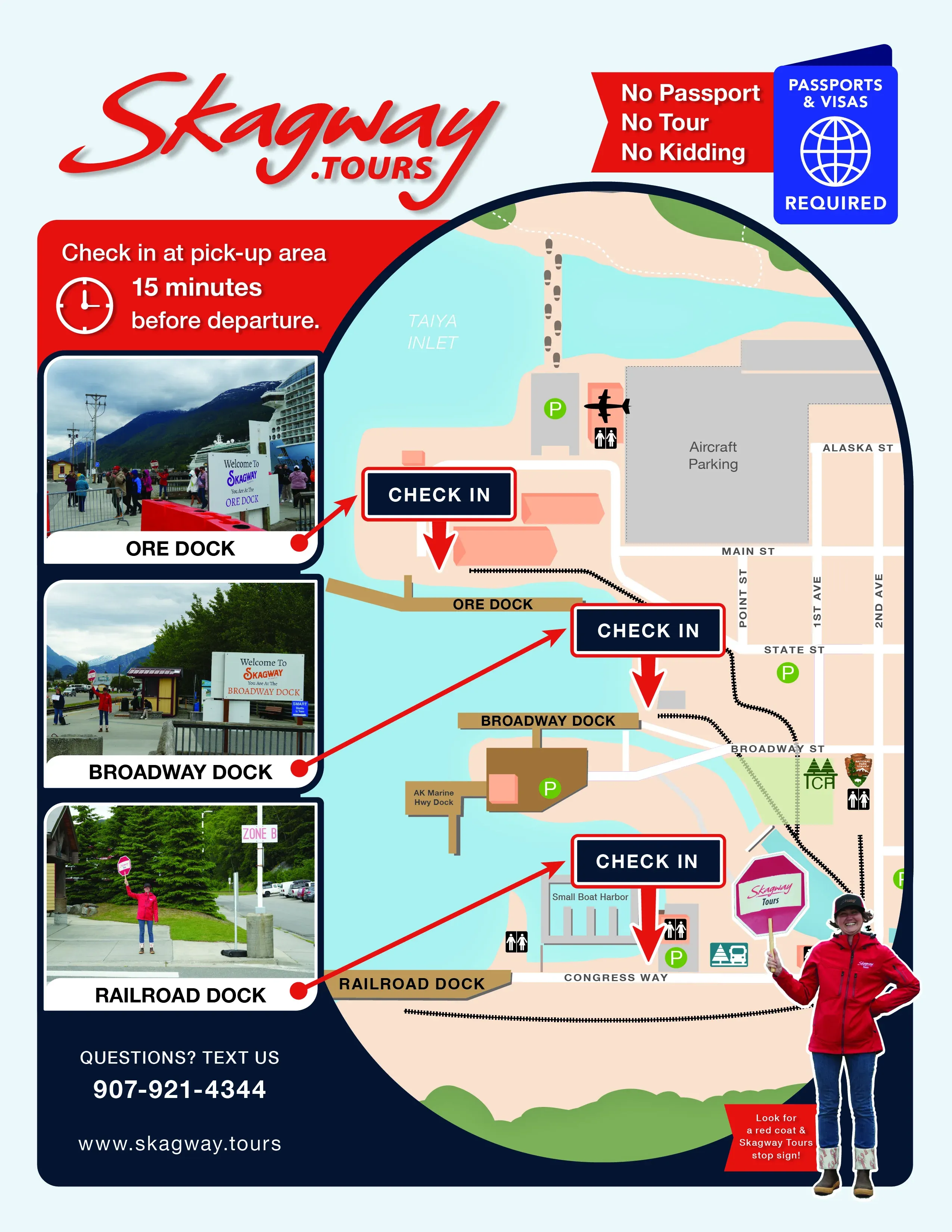 Map of Skagway Tours pickup locations, including the cruise ship docks and downtown meeting points